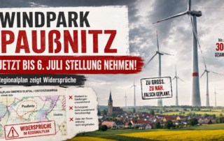 Beitragsbild (Symbolbild) zum Windpark Paußnitz mit überdimensionierten Windrädern über einer Ortschaft und dem Aufruf, bis 6. Juli 2026 Stellung zum Regionalplan zu nehmen.
