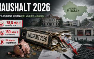 nfografik zum Haushalt 2026 des Landkreises Meißen mit Aktenordner, zerbrochenem Sparschwein und den Kennzahlen -78,8 Mio. Euro Fehlbetrag, 150 Mio. Euro Kassenkredite und aufgebrauchten Rücklagen.