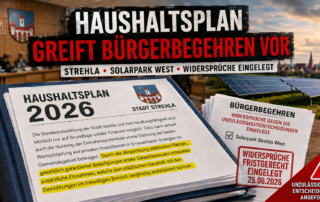Beitragsbild zum Streit um den Haushaltsplan 2026 in Strehla: Der Haushaltsplan greift den Bürgerbegehren gegen den Solarpark Strehla West vor; hervorgehoben sind fristgerecht eingelegte Widersprüche gegen die Unzulässigkeitsentscheidungen.