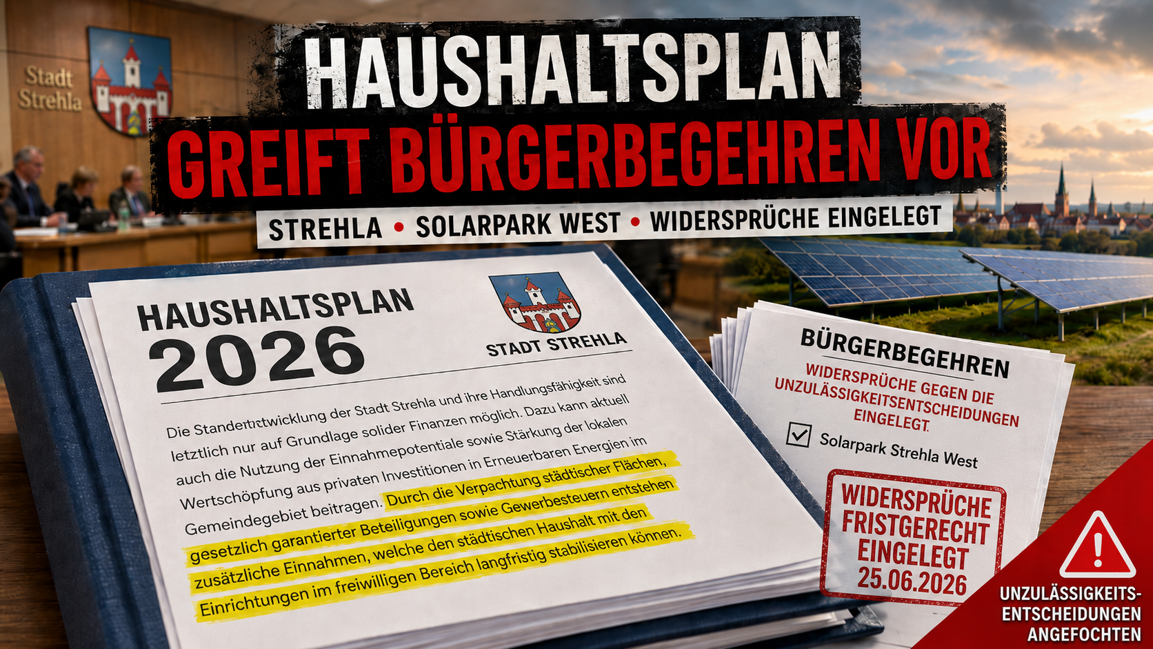 Beitragsbild zum Streit um den Haushaltsplan 2026 in Strehla: Der Haushaltsplan greift den Bürgerbegehren gegen den Solarpark Strehla West vor; hervorgehoben sind fristgerecht eingelegte Widersprüche gegen die Unzulässigkeitsentscheidungen.