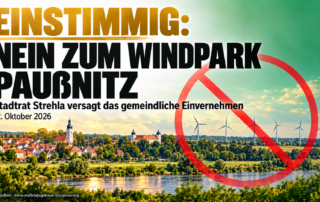 Grafik mit der Aufschrift „Einstimmig: Nein zum Windpark Paußnitz“, einer symbolischen Ansicht Strehlas und sechs Windrädern innerhalb eines roten Verbotszeichens.