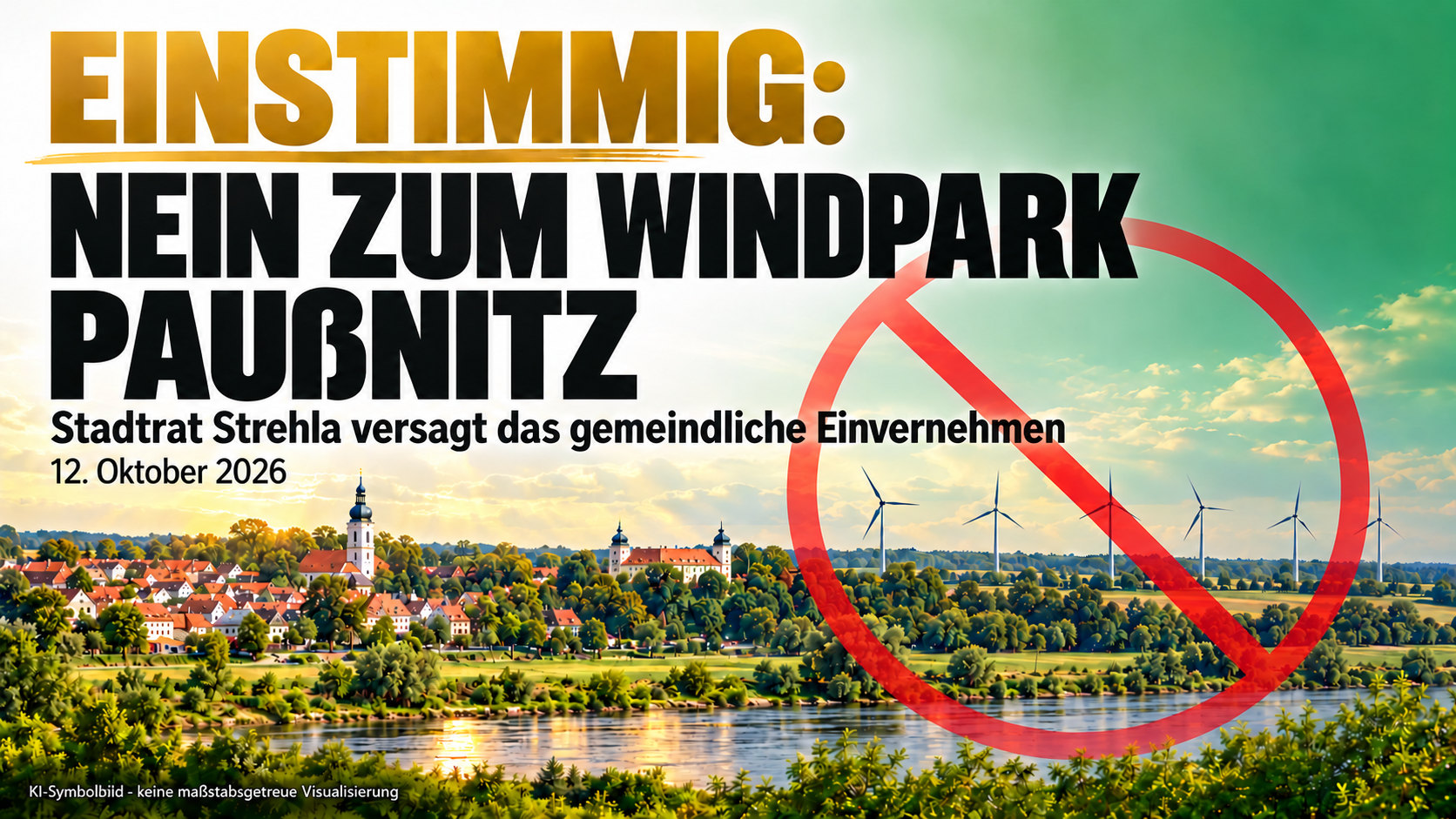 Grafik mit der Aufschrift „Einstimmig: Nein zum Windpark Paußnitz“, einer symbolischen Ansicht Strehlas und sechs Windrädern innerhalb eines roten Verbotszeichens.